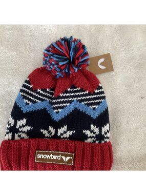 Snowbird Resort Beanie Stocking Cap Adult OS RedKnit Embroidered Acrylic Ski Pom